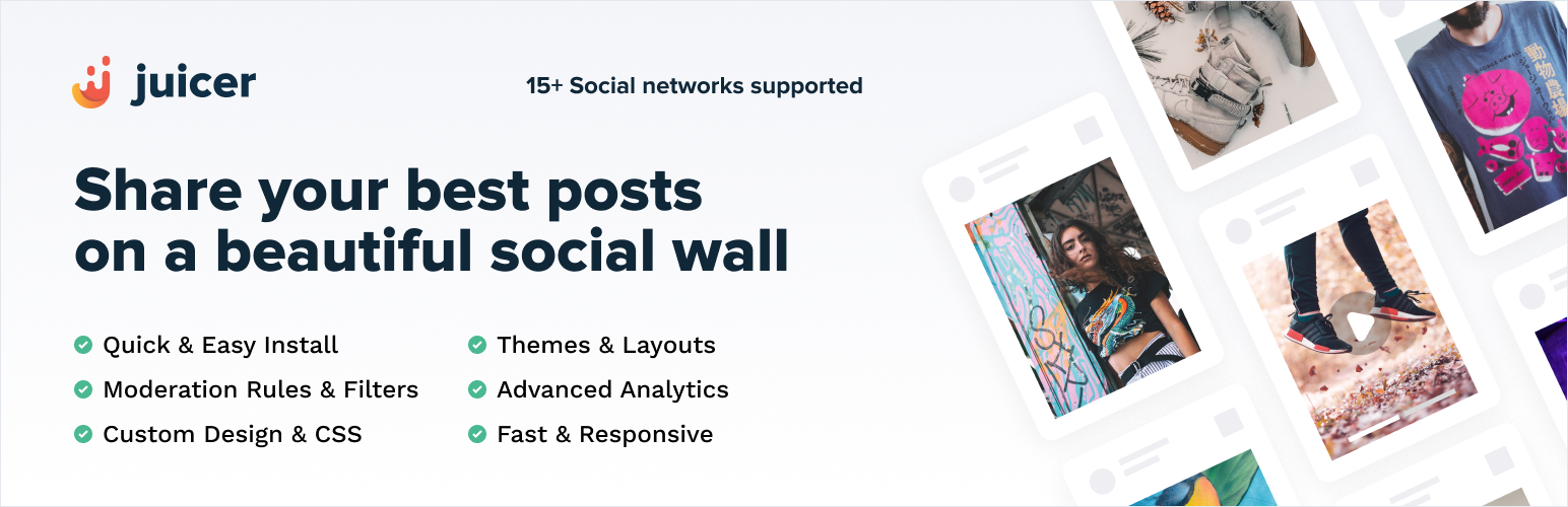 WordPress 外掛 Juicer.io: Effortlessly embed, curate, and aggregate social media feeds into your website 的封面圖片。
