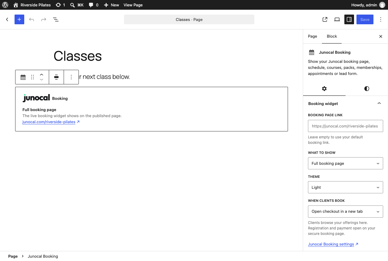 The Junocal Booking block in the editor, with its settings.