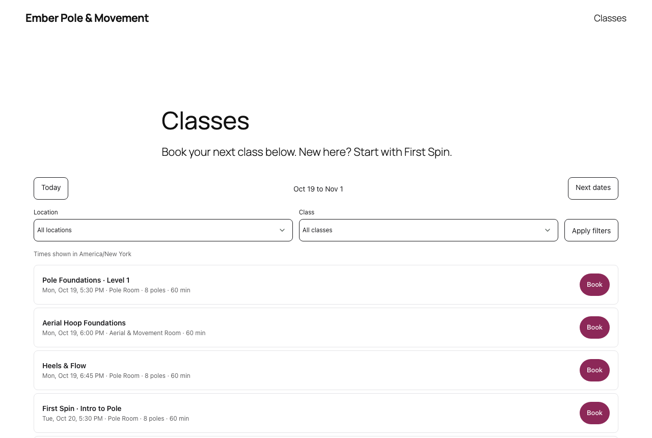 A booking page on a WordPress site.