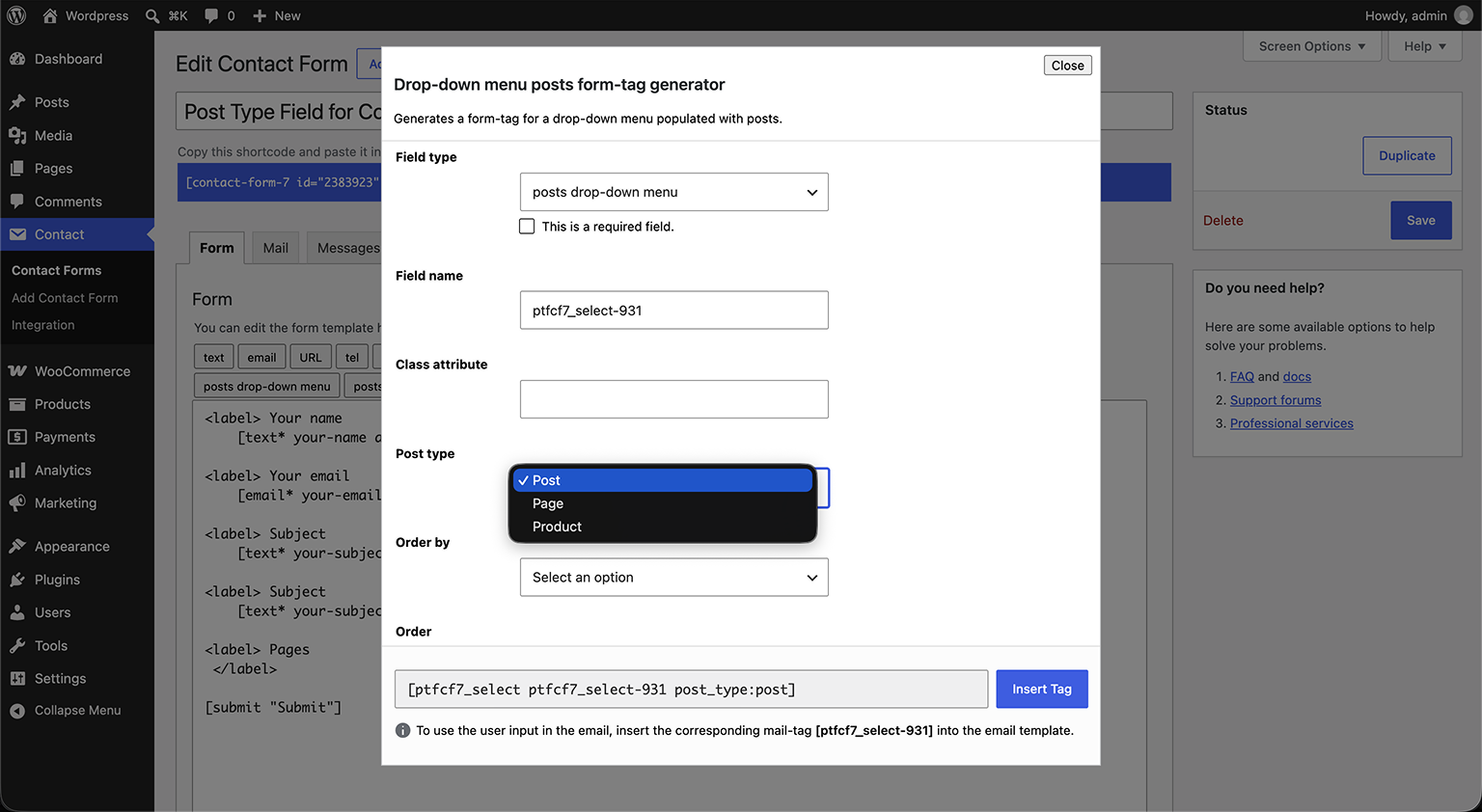 The drop-down menu form-tag generator, with the post type selector.