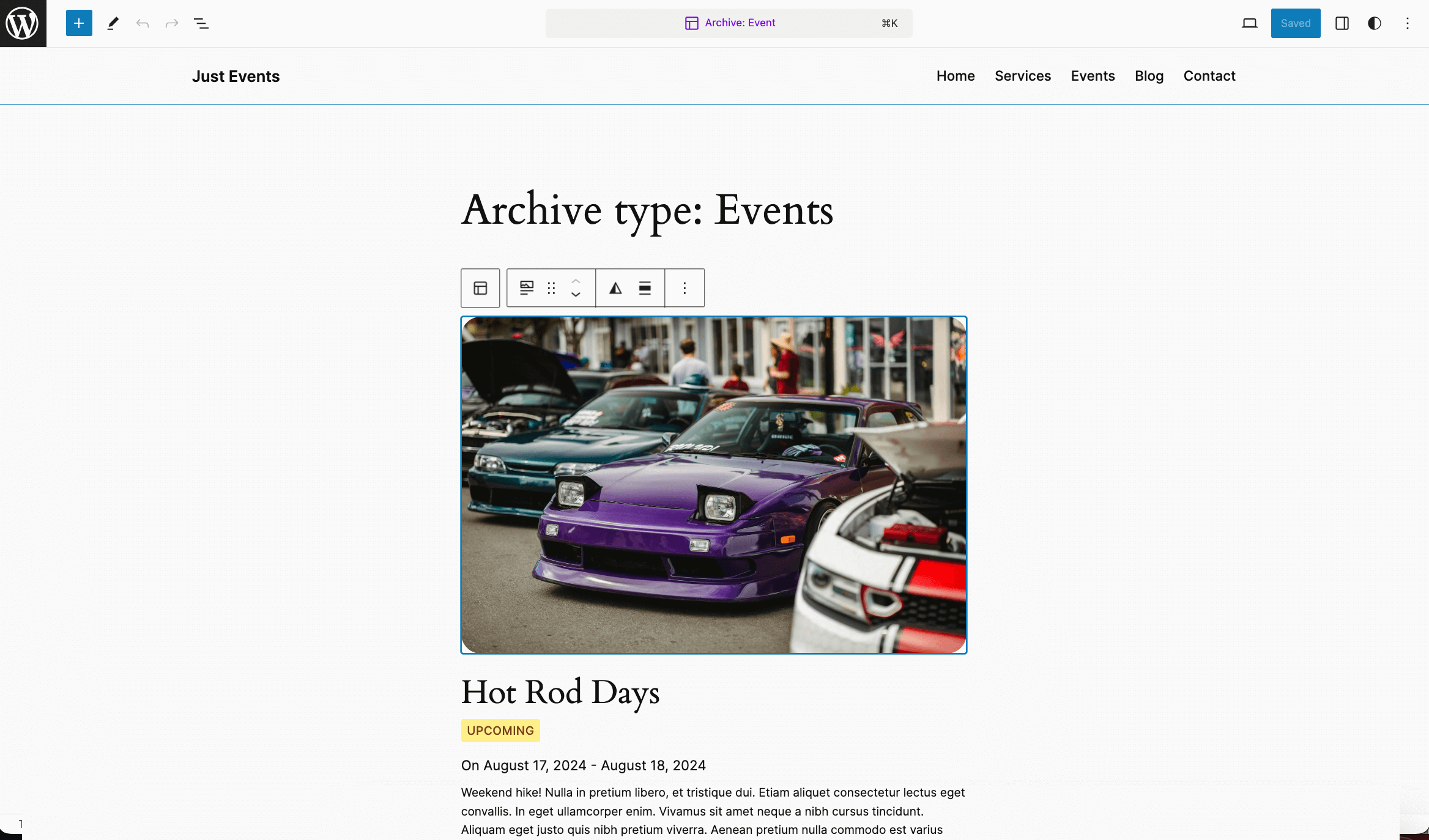 Event Archive template using the WordPress theme block editor.