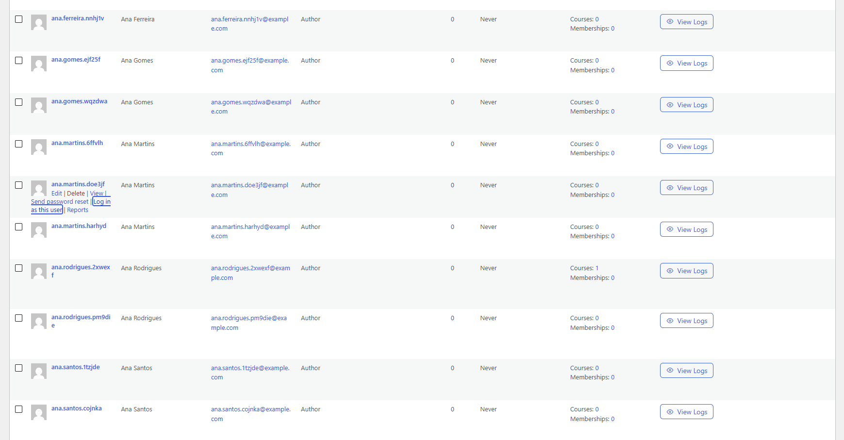 The "Log in as this user" link in a user's row actions on the Users screen.