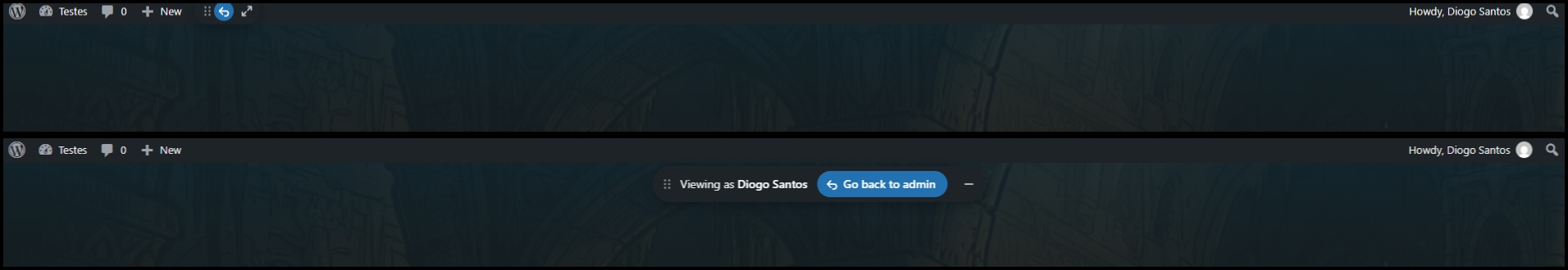 The "Go back to admin" bar pinned to the top center of the site while you are logged in as another user.