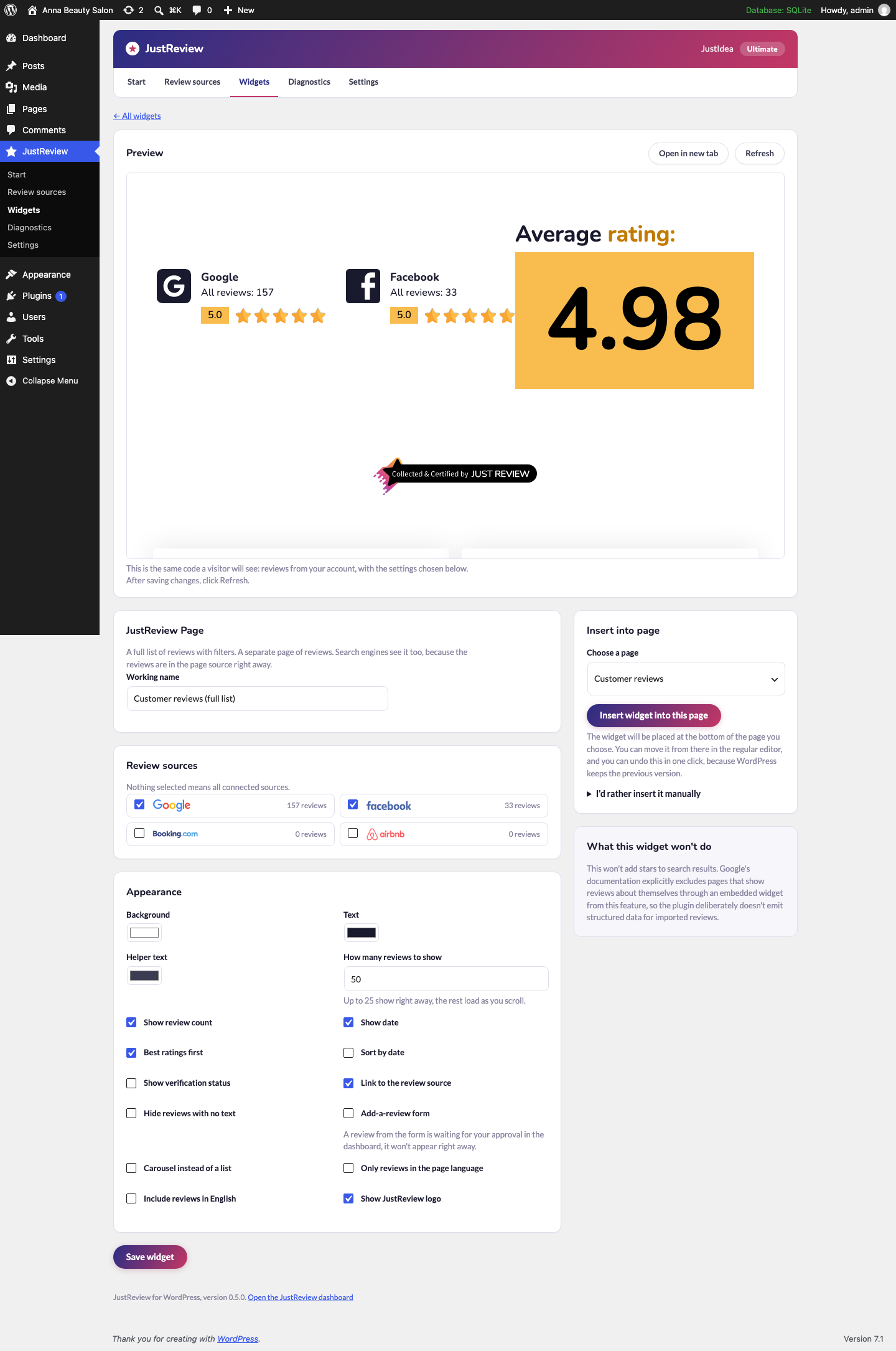 The widget editor with a live preview and one-click placement.
