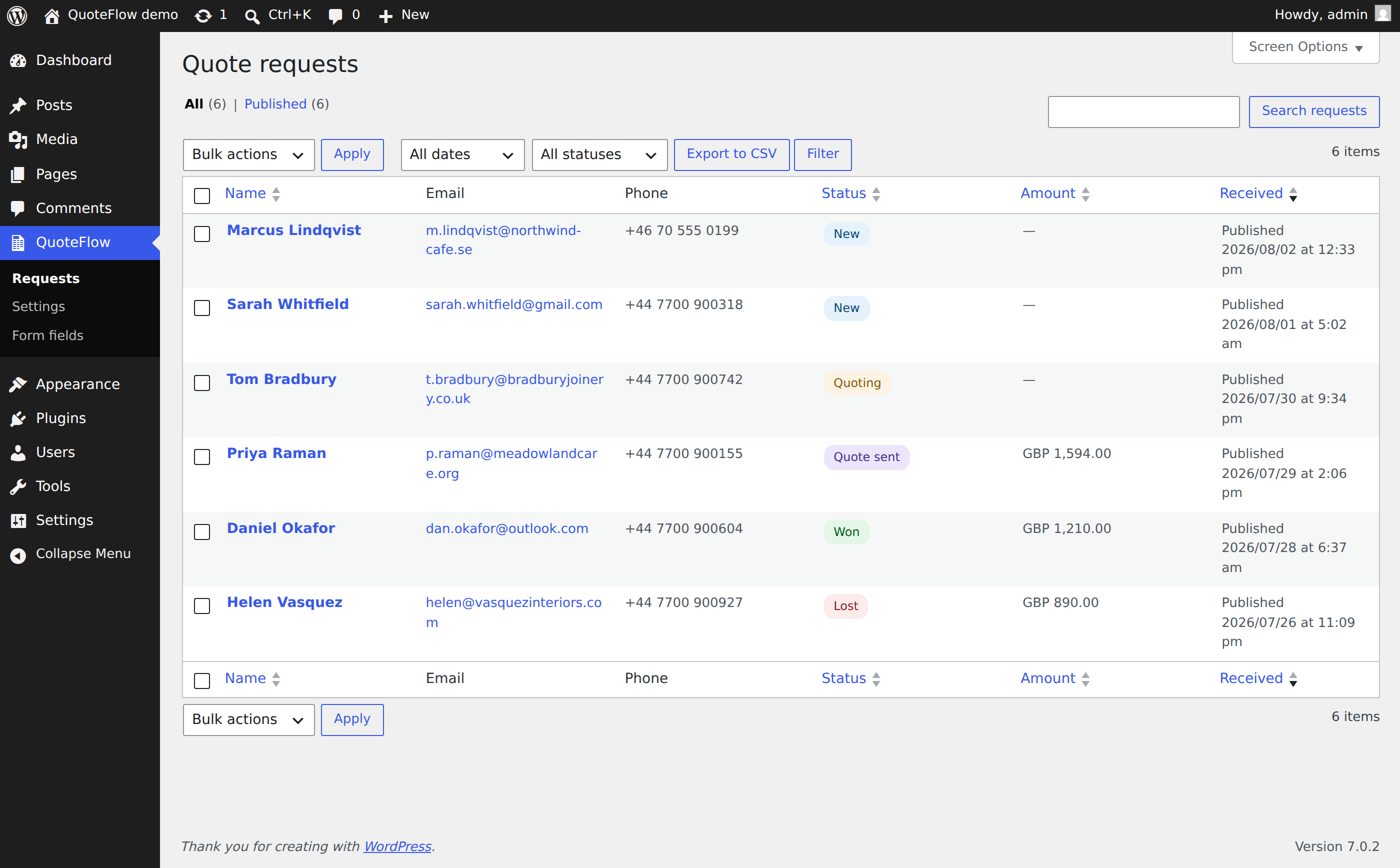 All requests in one list with statuses and amounts