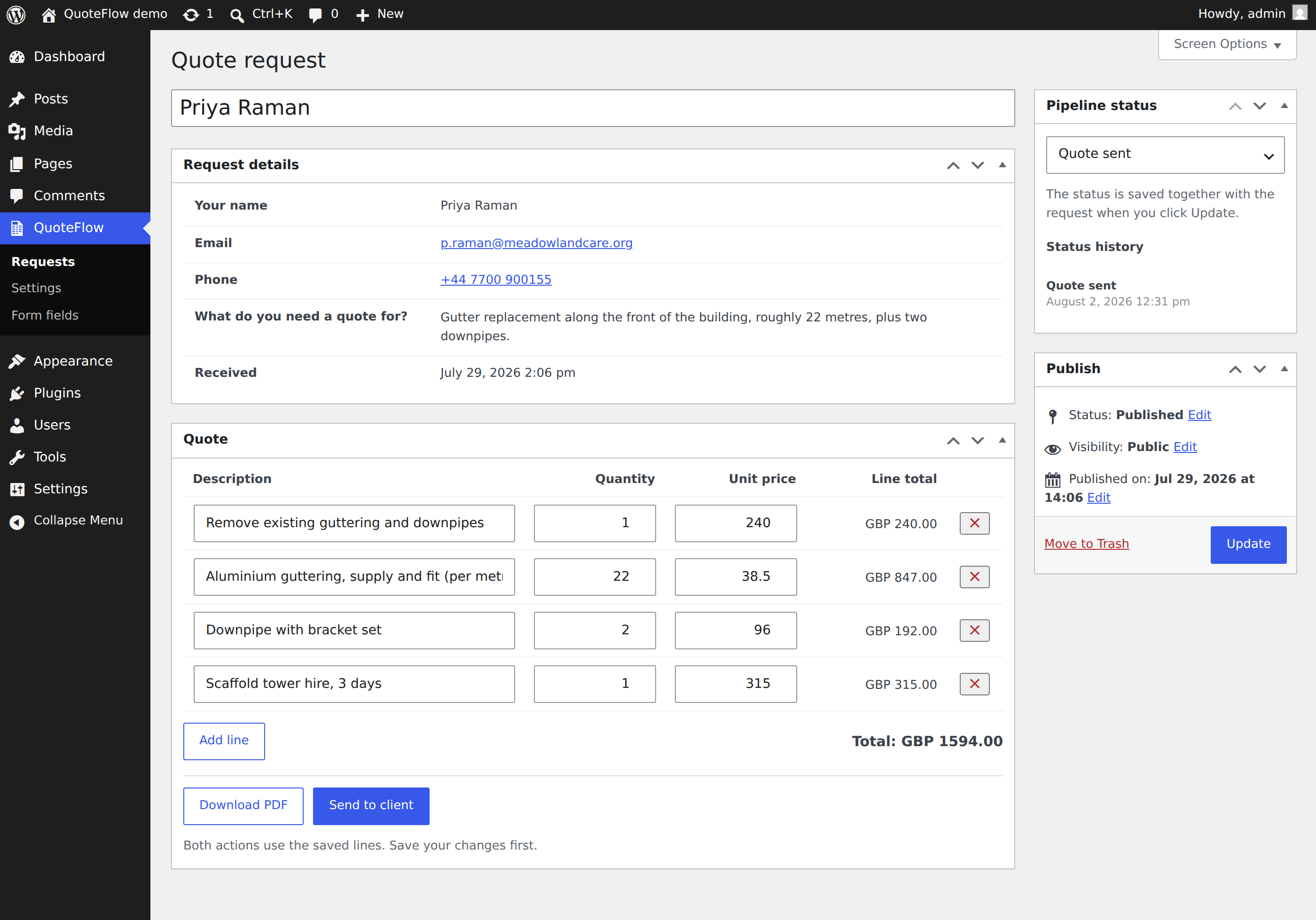 A request with its quote lines, total and status history