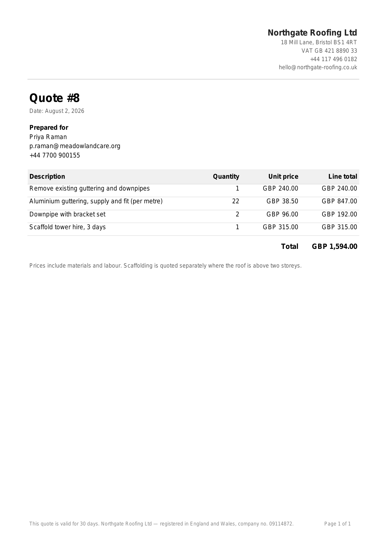 The generated quote PDF
