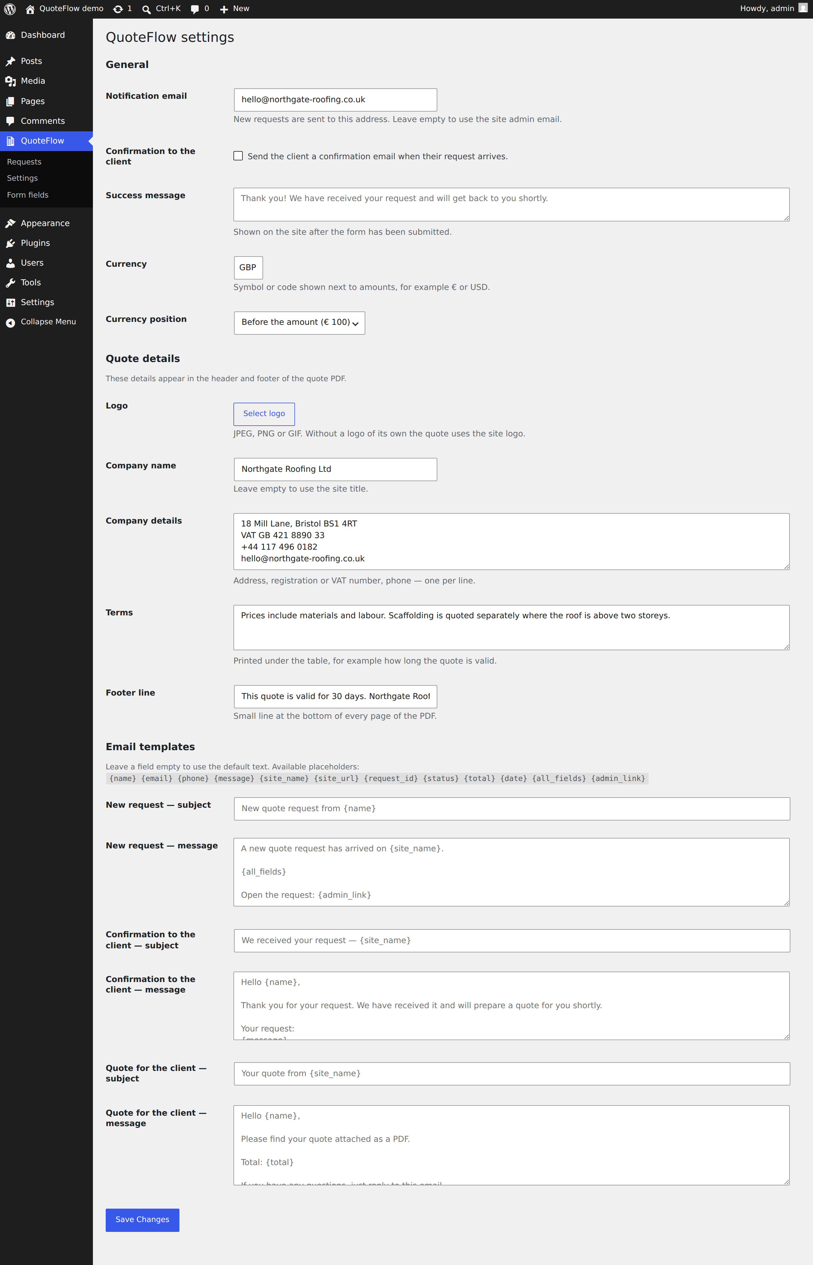 Plugin settings: company details, currency and email templates