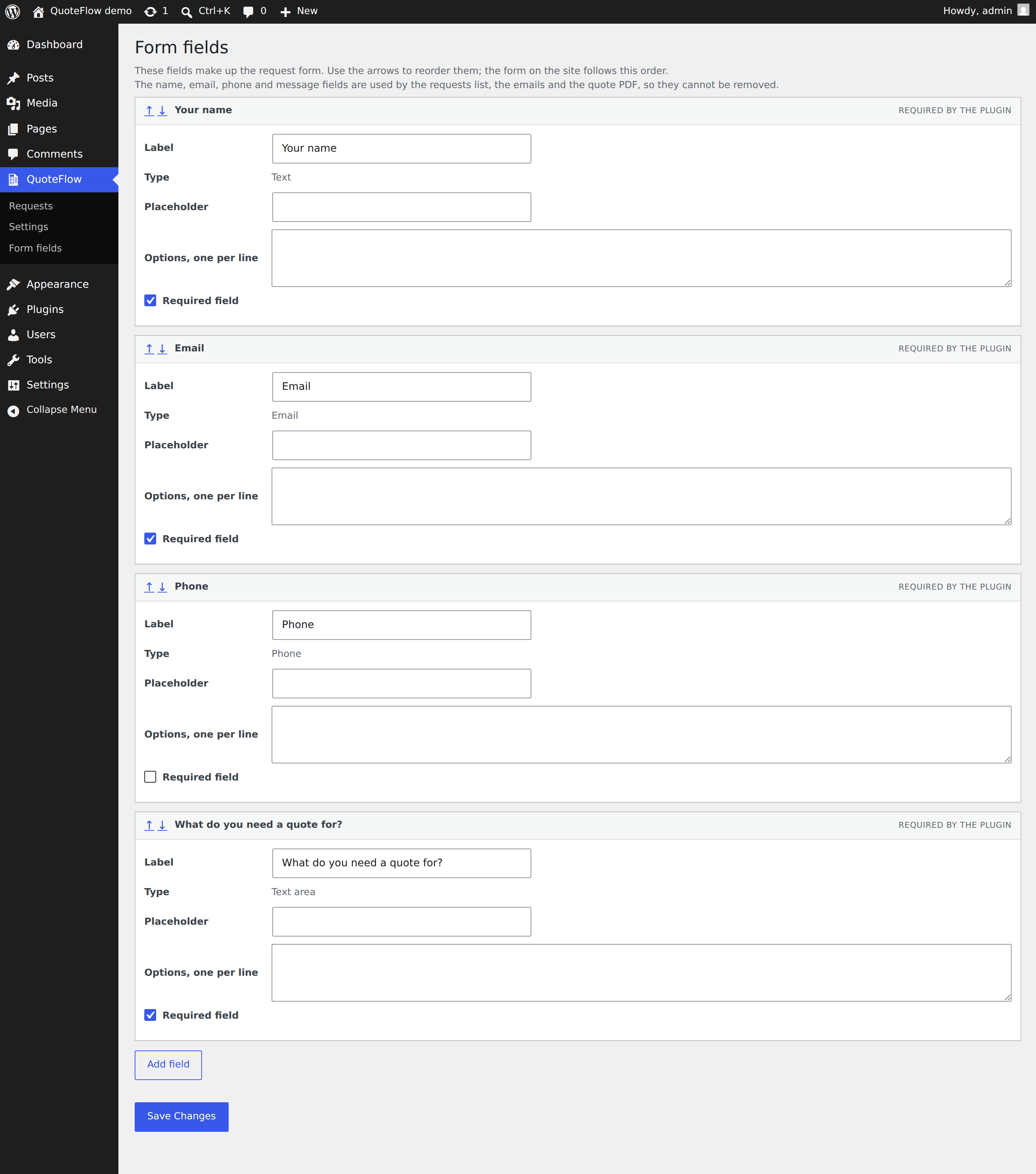The form builder: fields, types and what is required