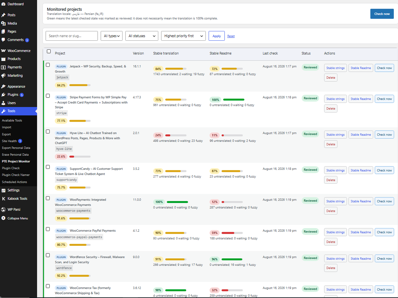 Comprehensive project list with advanced filtering, sorting by priority, and real-time status indicators (Red/Yellow/Green) for both Stable and Stable Readme.
