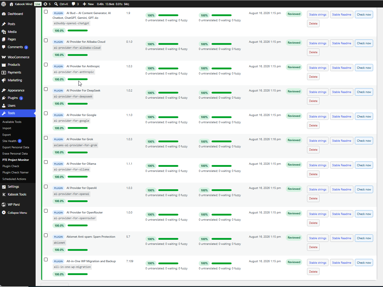Scalability in action: Monitoring a large volume of projects (e.g., AI providers) with individual progress bars and quick-action translation links.