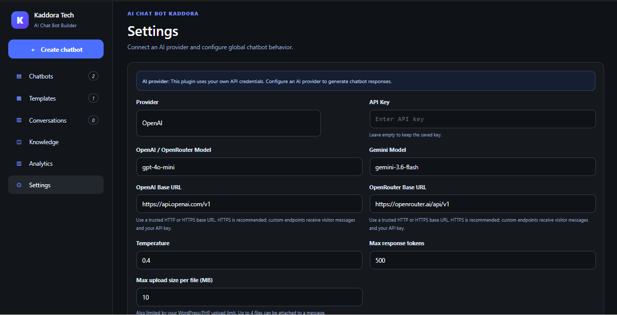 Settings screen for AI providers, credentials, models, endpoints, and uploads.