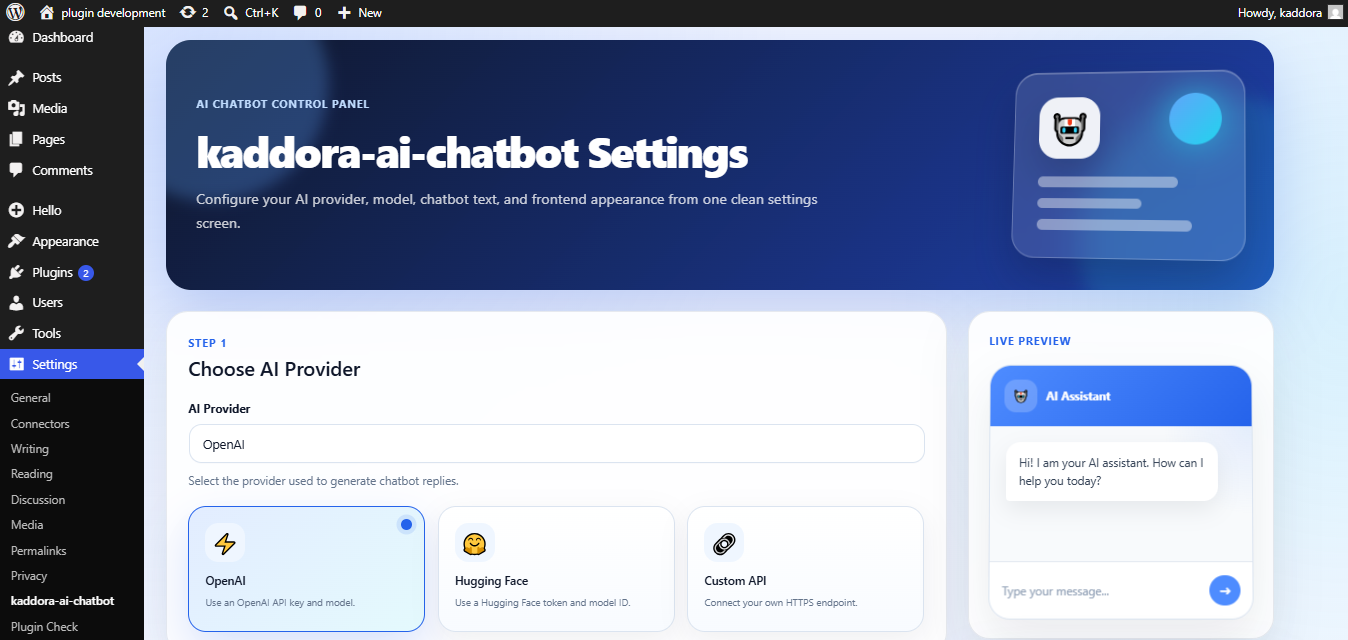 Chatbot settings page.
