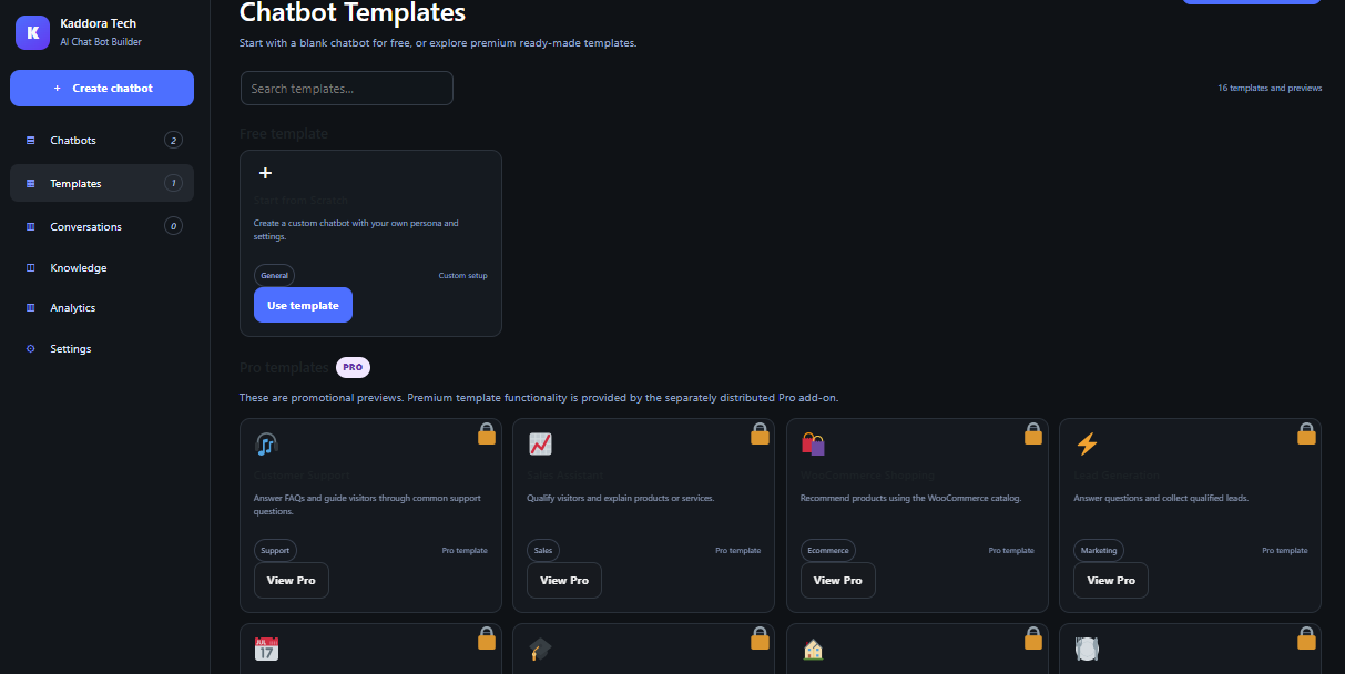 Templates screen showing Start from Scratch and premium template previews.