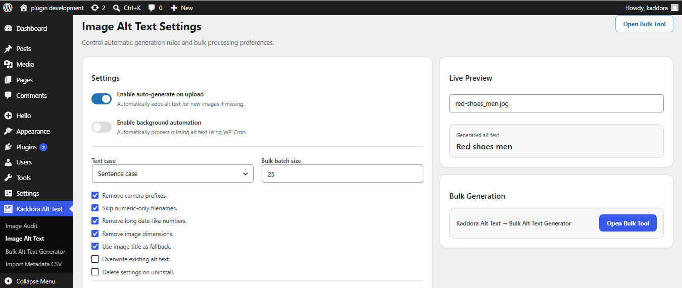 Image Alt Text settings screen.
