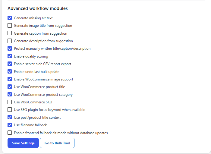 Bulk Alt Text Generator with scan, preview, select, apply, undo, and export workflow.