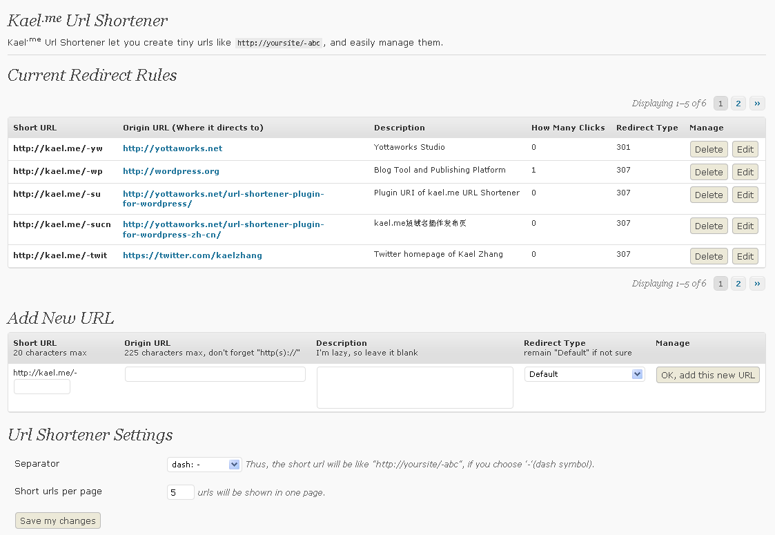 The whole plugin page of kael.me url shortener