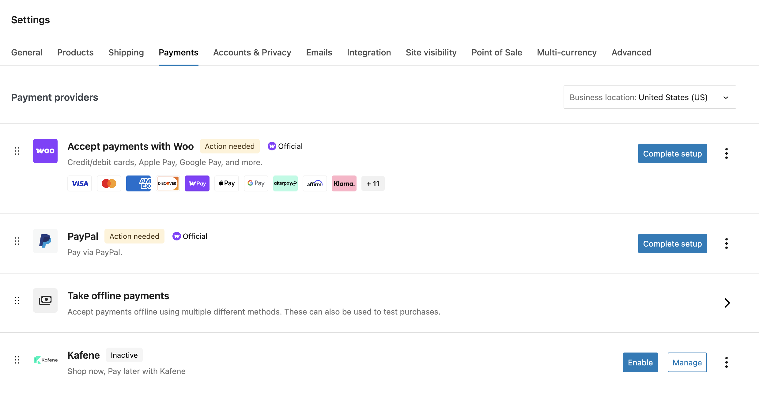 WooCommerce -> Settings -> Payments -> Manage to configure the Kafene gateway.