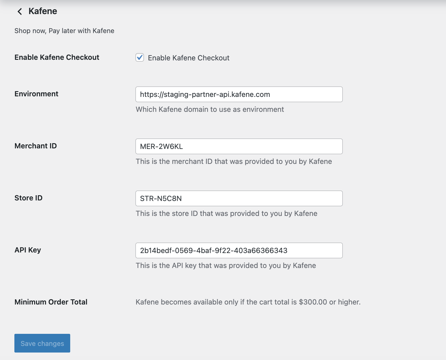 Set the environment to staging-partner-api.kafene.com for development and testing.