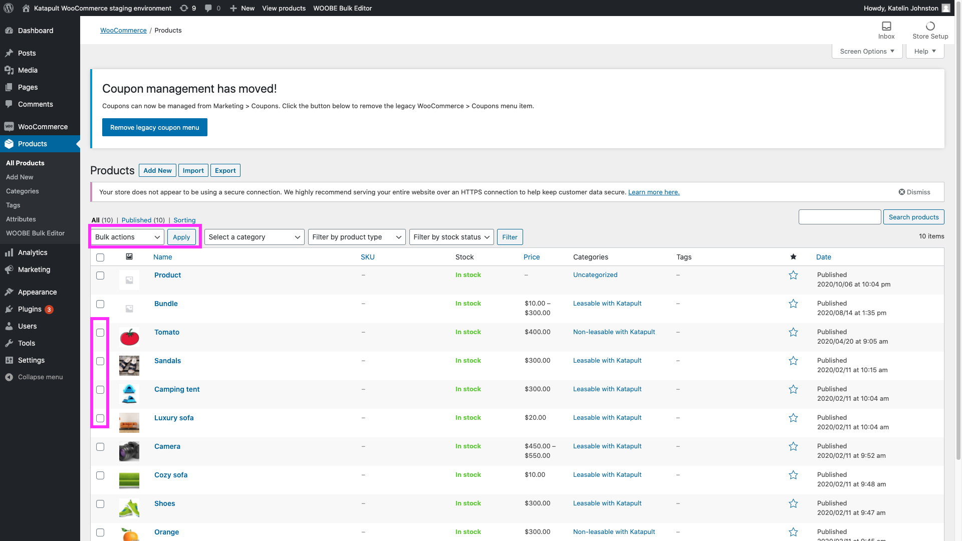 Mark a single product as leasable from the product edit screen.