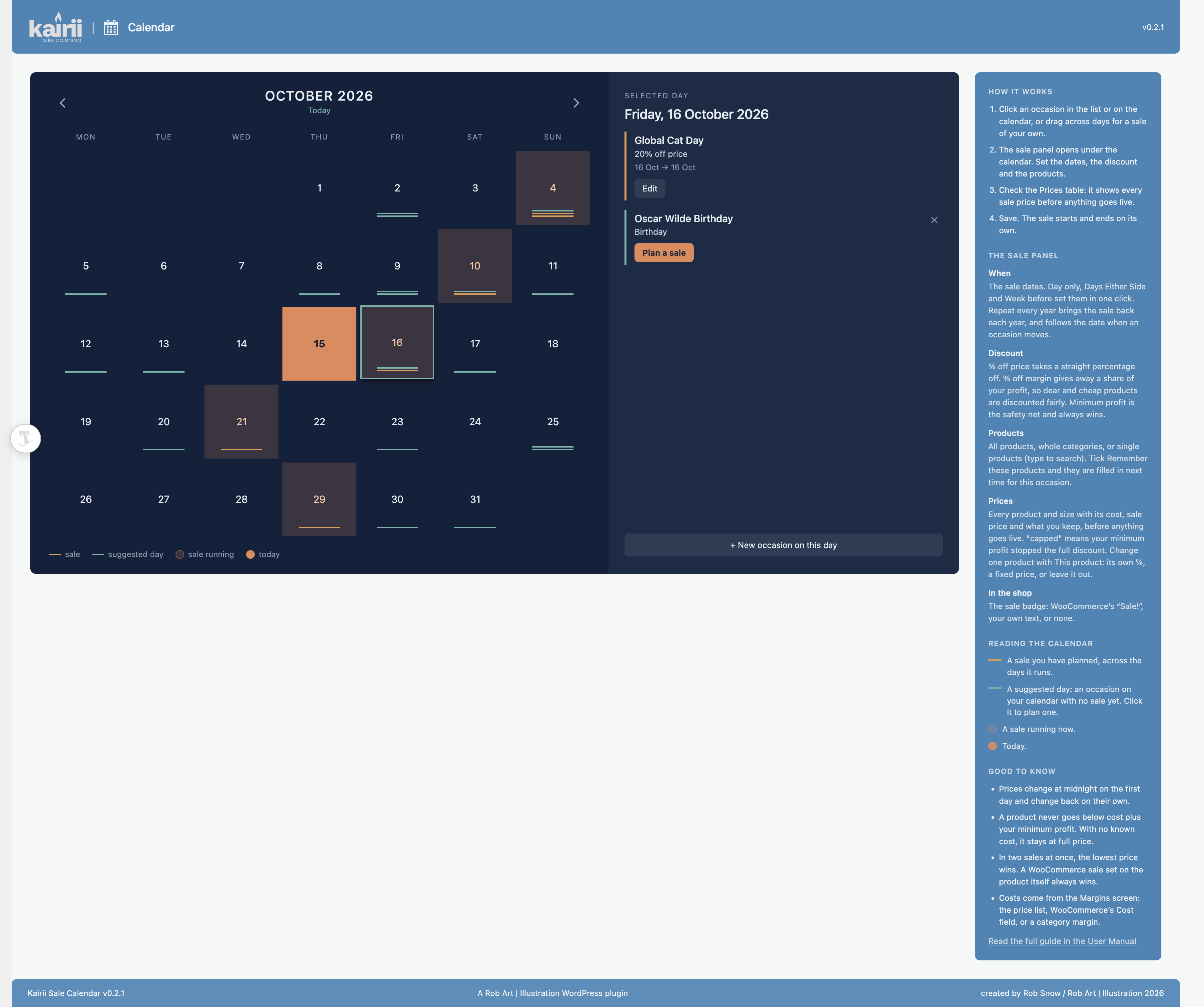 The Calendar — occasions and your planned sales, month by month. Click a day to plan a sale under the calendar.