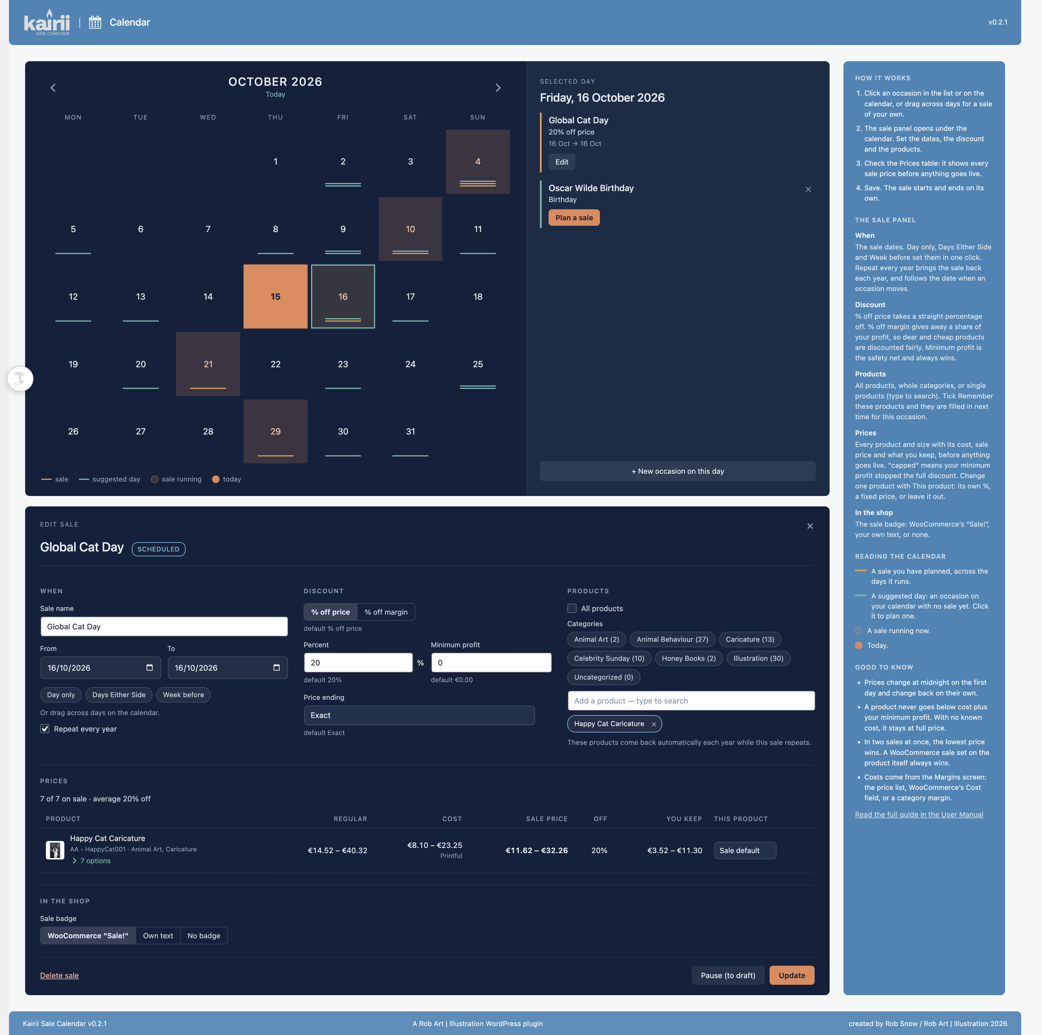 The sale panel — pick the products, set a discount off the price or off your margin, and choose the dates with one-click shortcuts.