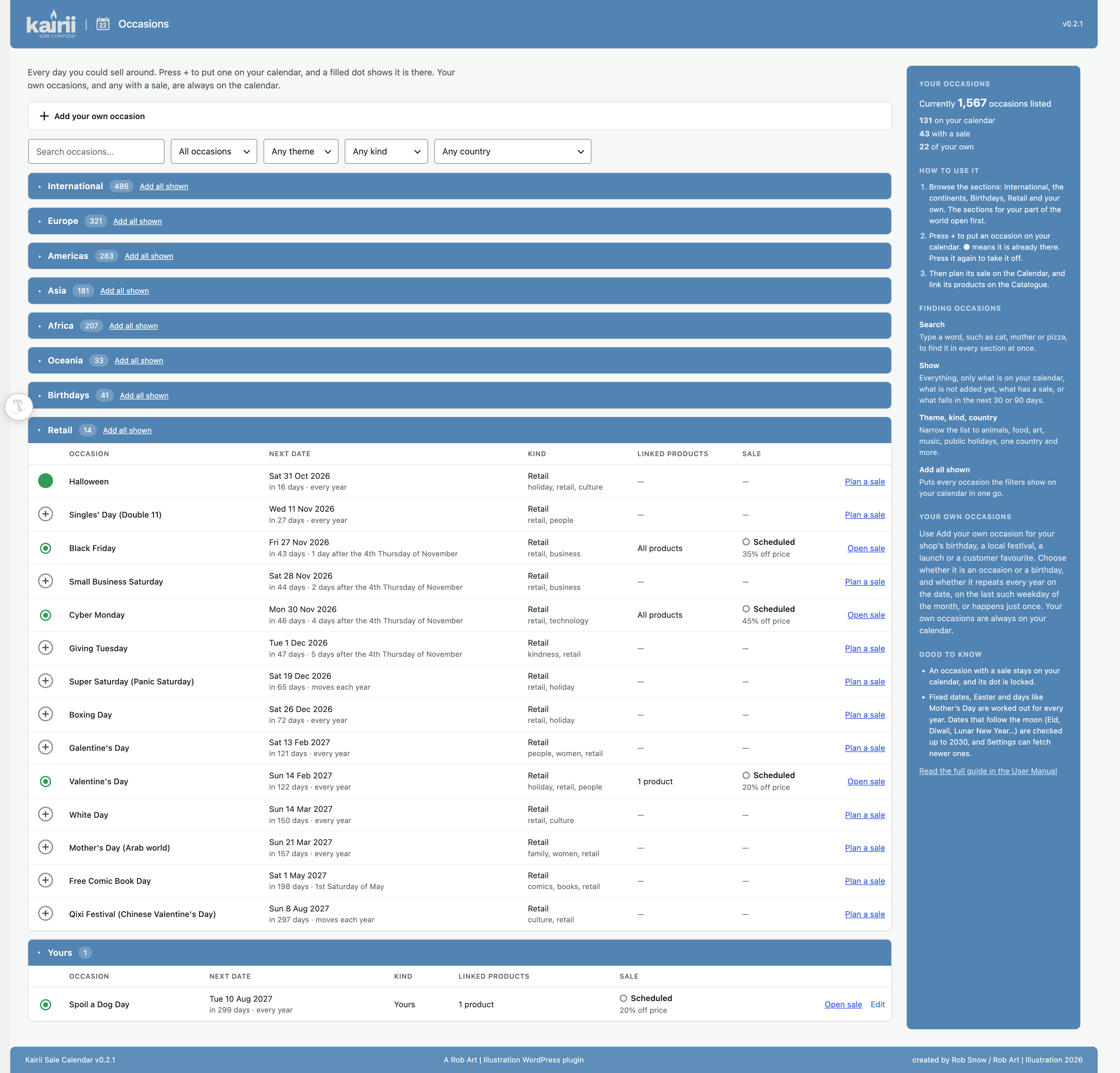 Occasions — starter retail dates and your own occasions and birthdays; the expanded occasion library is available in Pro.