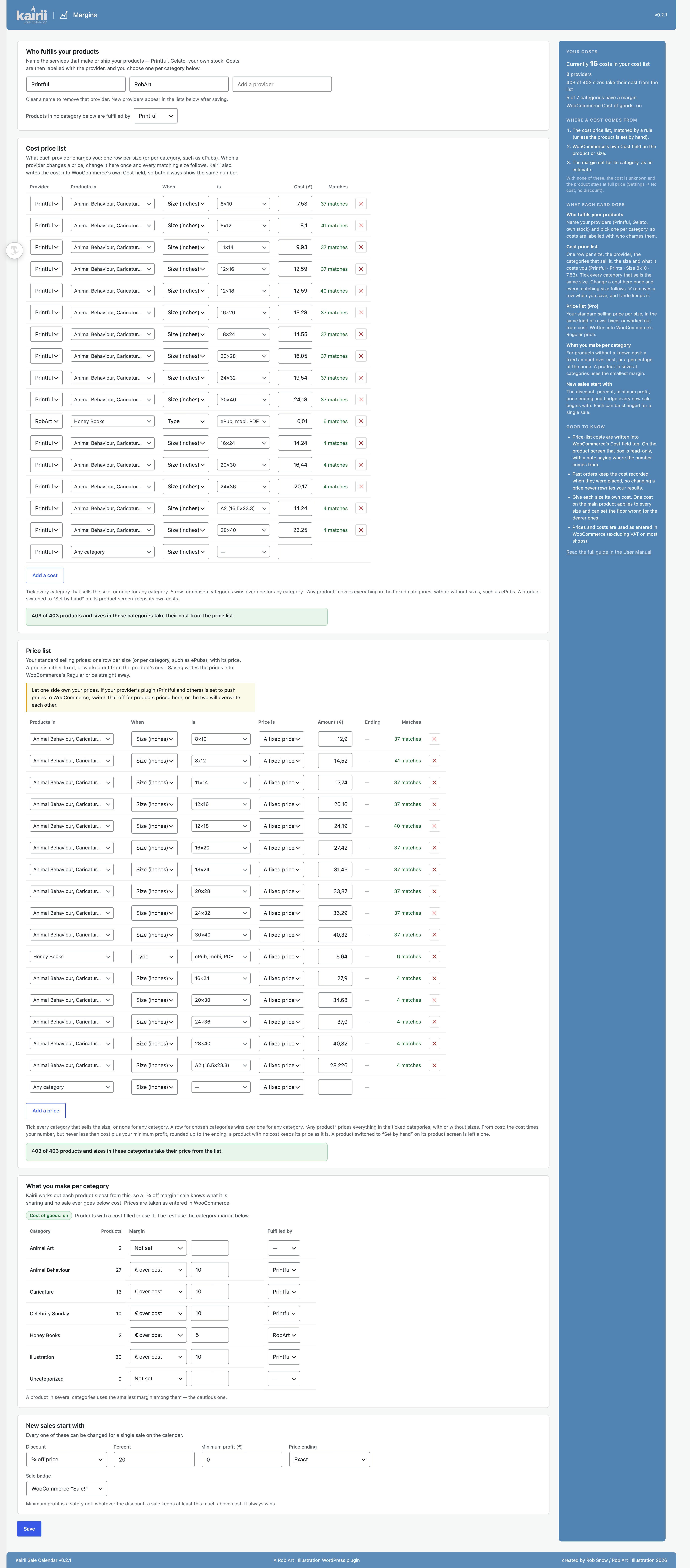 Margins — set category margins, manage costs and fulfilment providers, and review the cost price list.