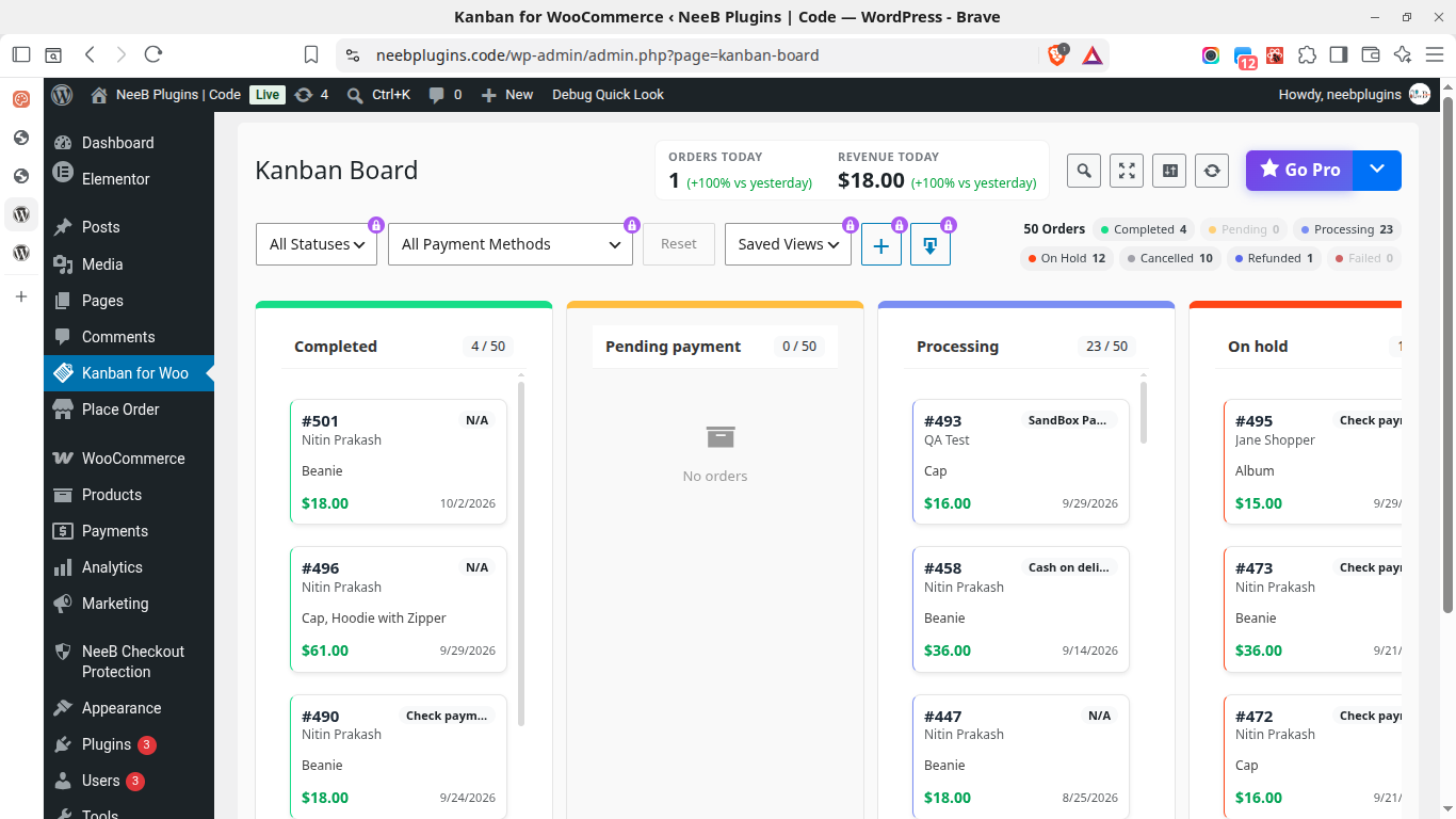 Manage WooCommerce orders visually on a Kanban board.