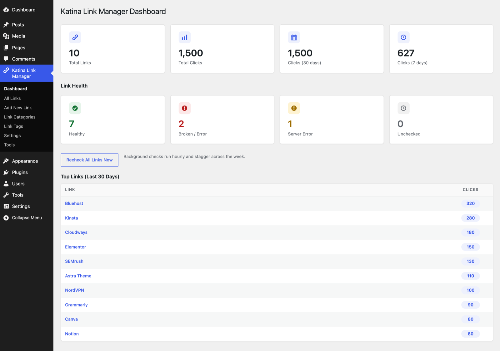 Dashboard — total links, clicks, and link-health at a glance.
