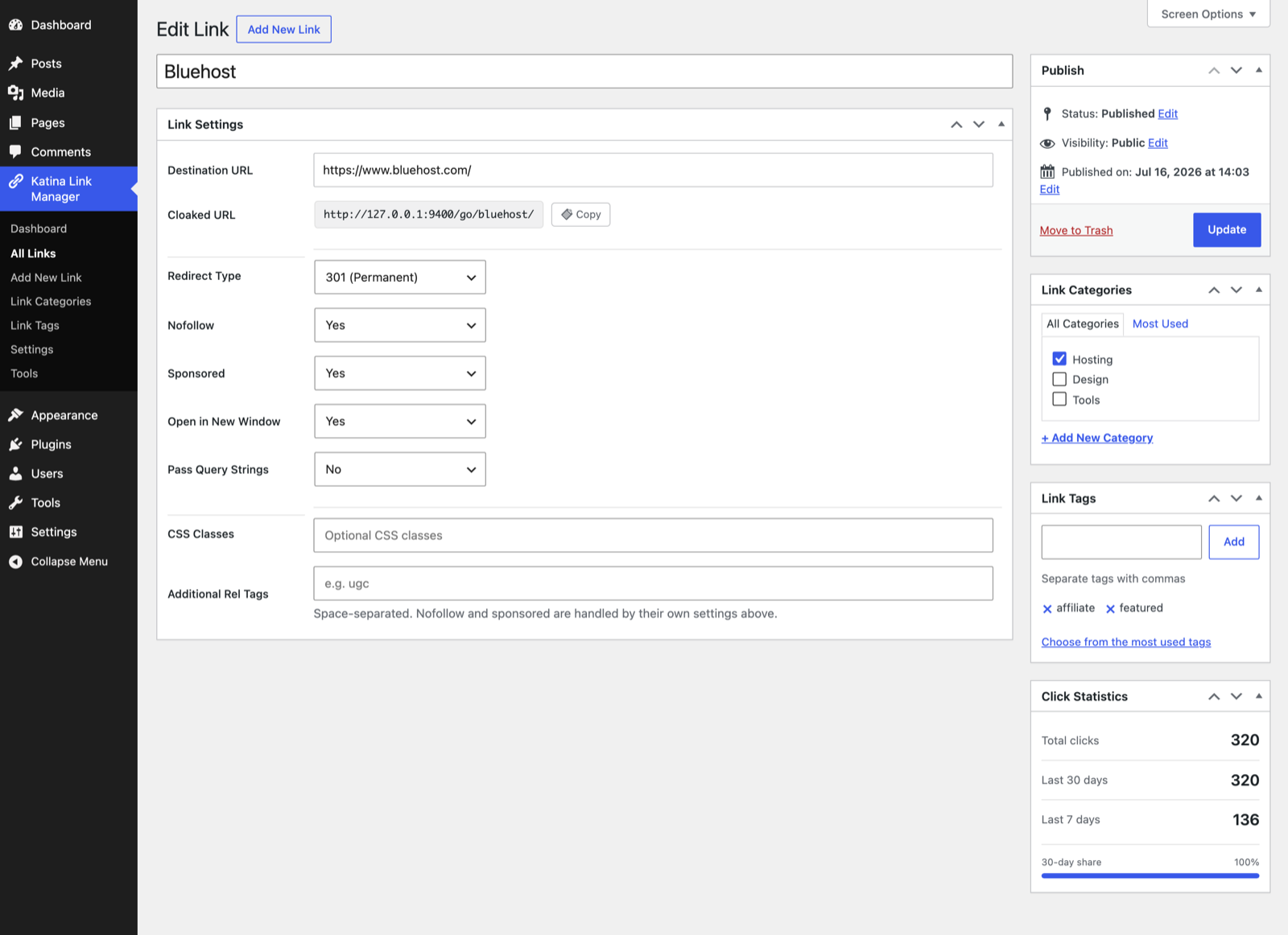 Add or edit a cloaked link: destination, redirect type, rel attributes, categories, and tags.