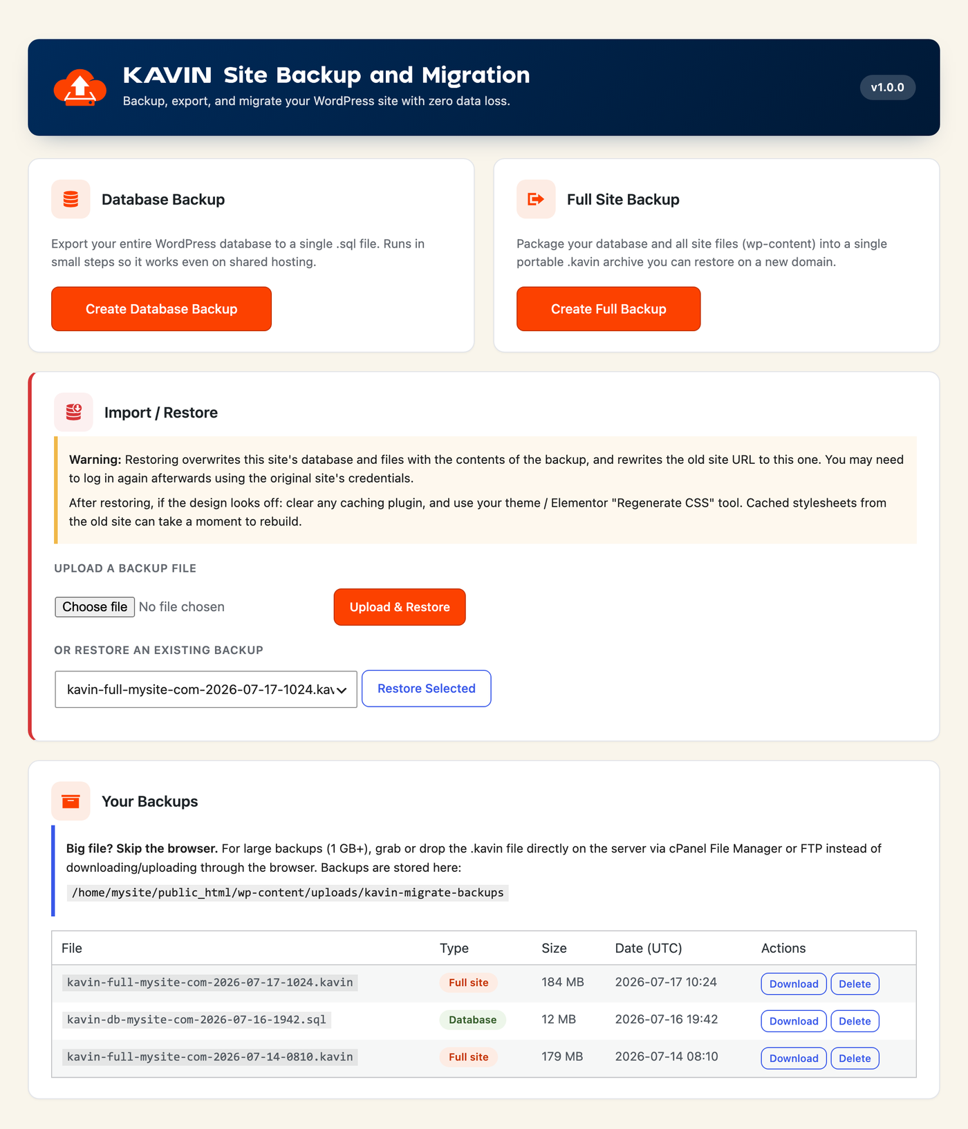 The main dashboard — database backup, full-site backup, and restore in one place.