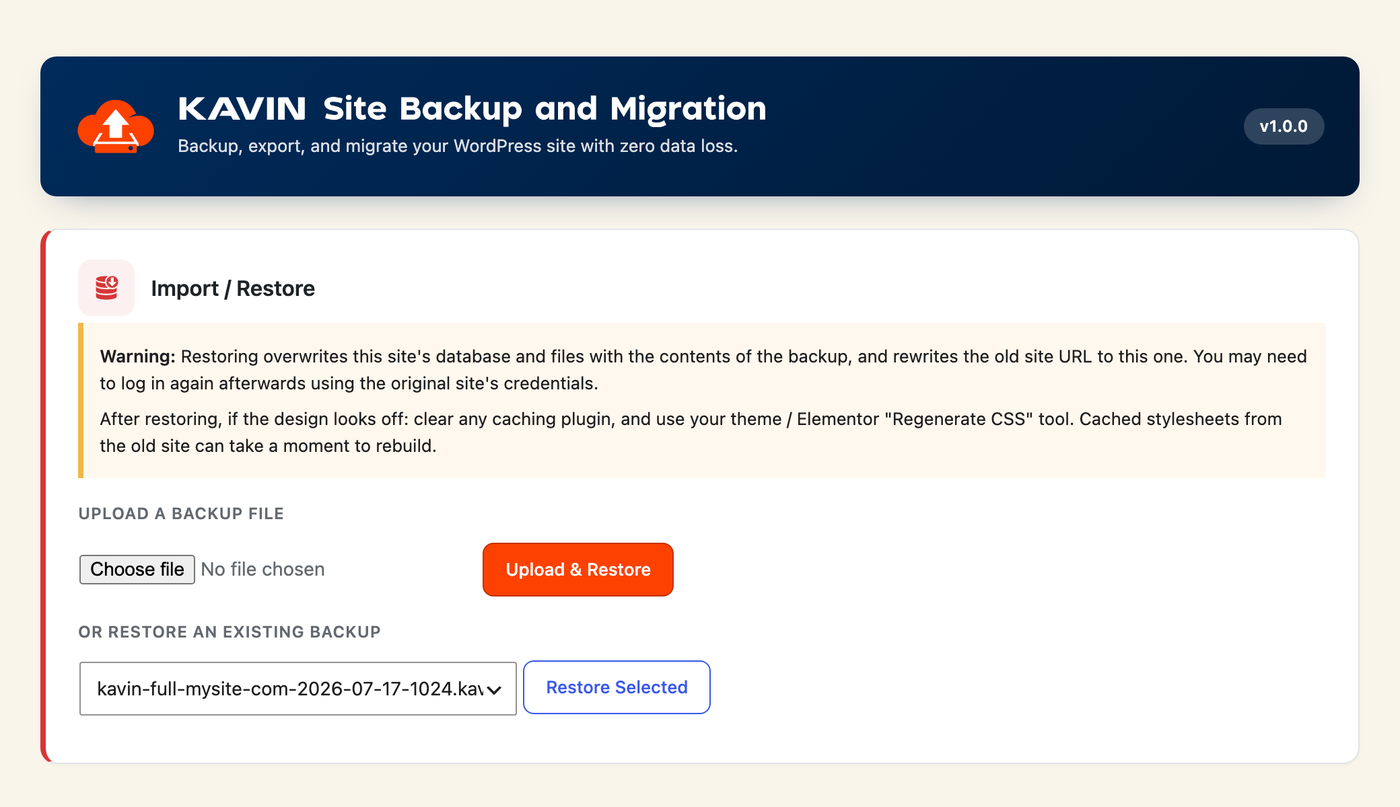 Import / Restore — restore onto a new domain with automatic, serialization-safe URL replacement.