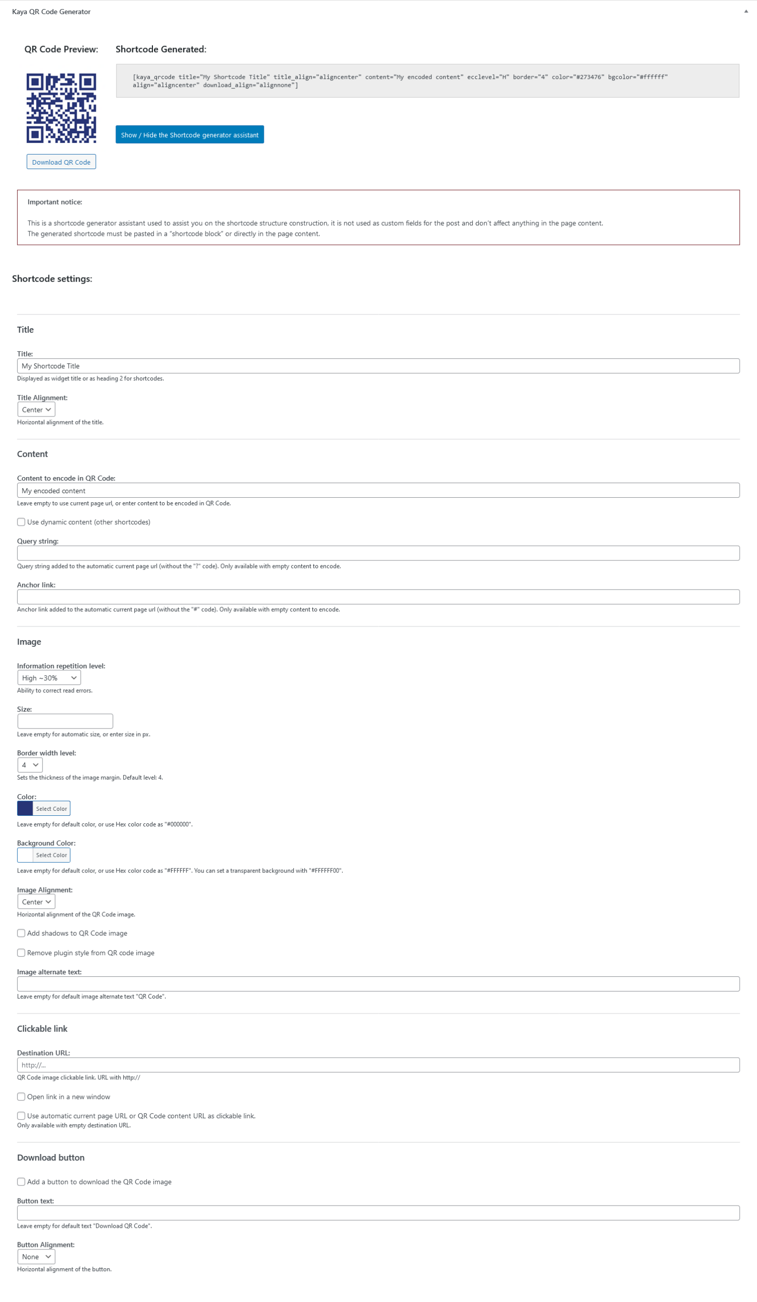 Kaya QR Code Generator: Shortcode generator assistant.
