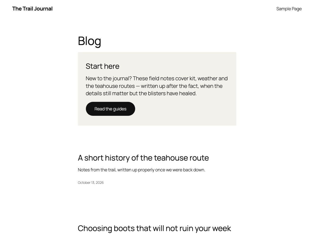 A section displayed above the post list on the blog index. Sections are ordinary block editor posts, so they inherit your theme's own styling.