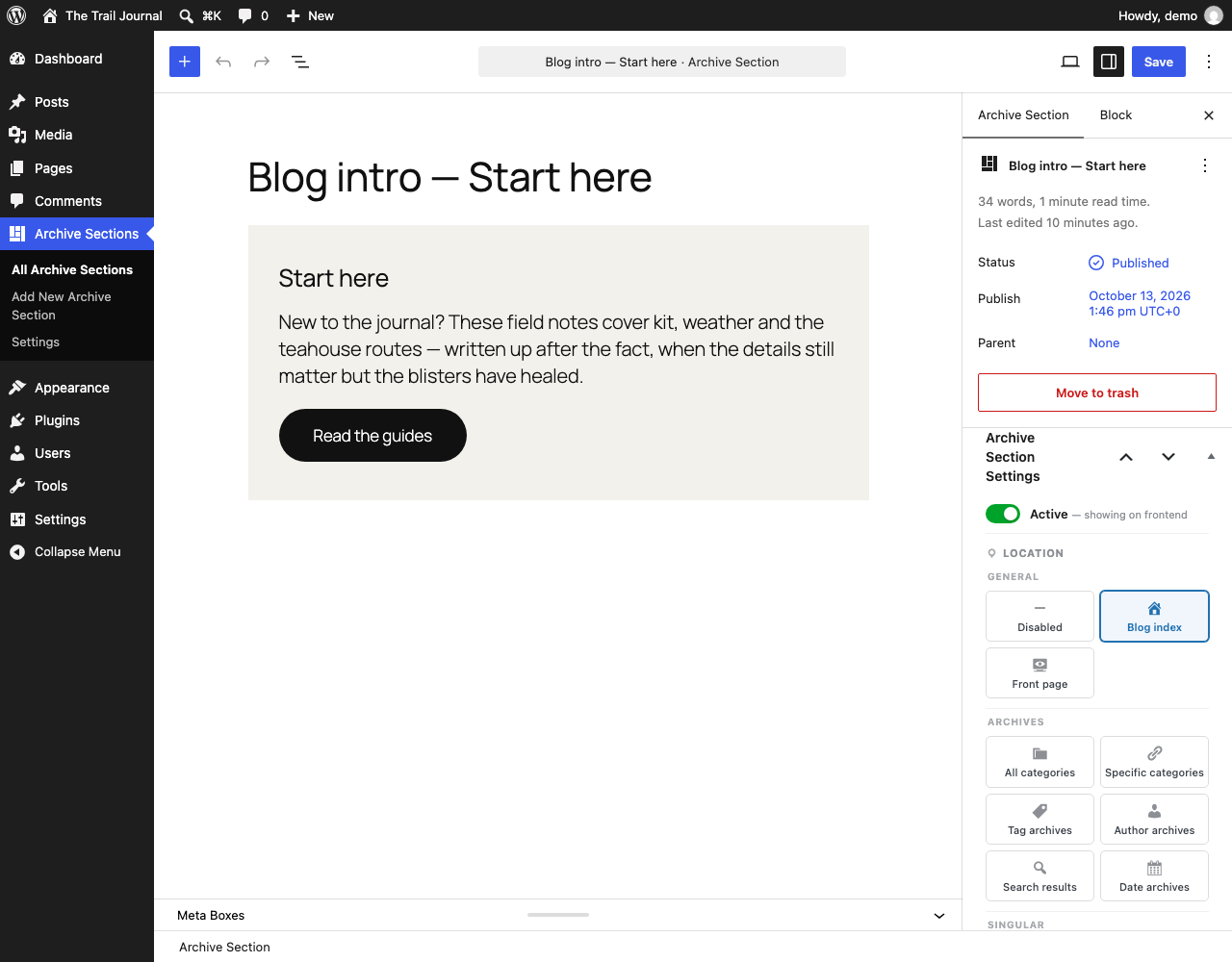 Editing a section. The Archive Section Settings panel sits beside your content, so you pick the target pages without leaving the editor.