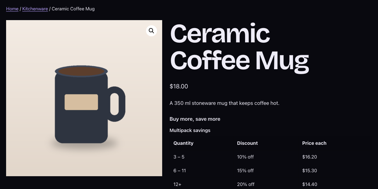 Quantity pricing table on a product page.