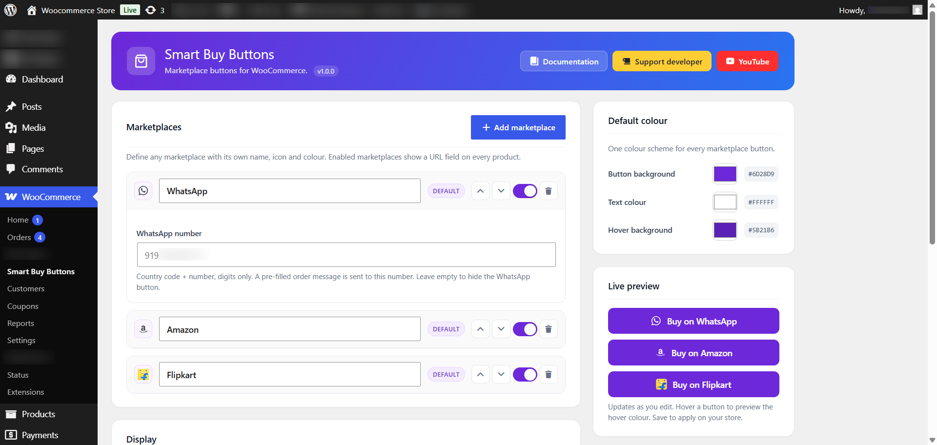 The Marketplace Manager with per-marketplace icon, colour and type, plus a live preview.