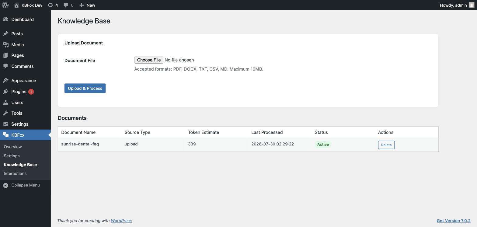 The Knowledge Base admin screen with uploaded documents