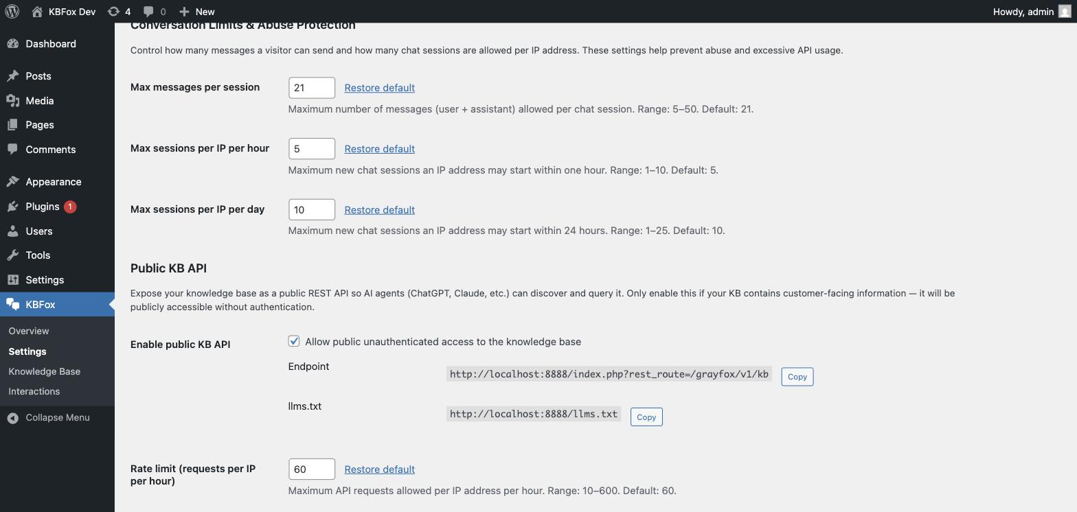 The Public KB API panel with the generated endpoint and llms.txt URL