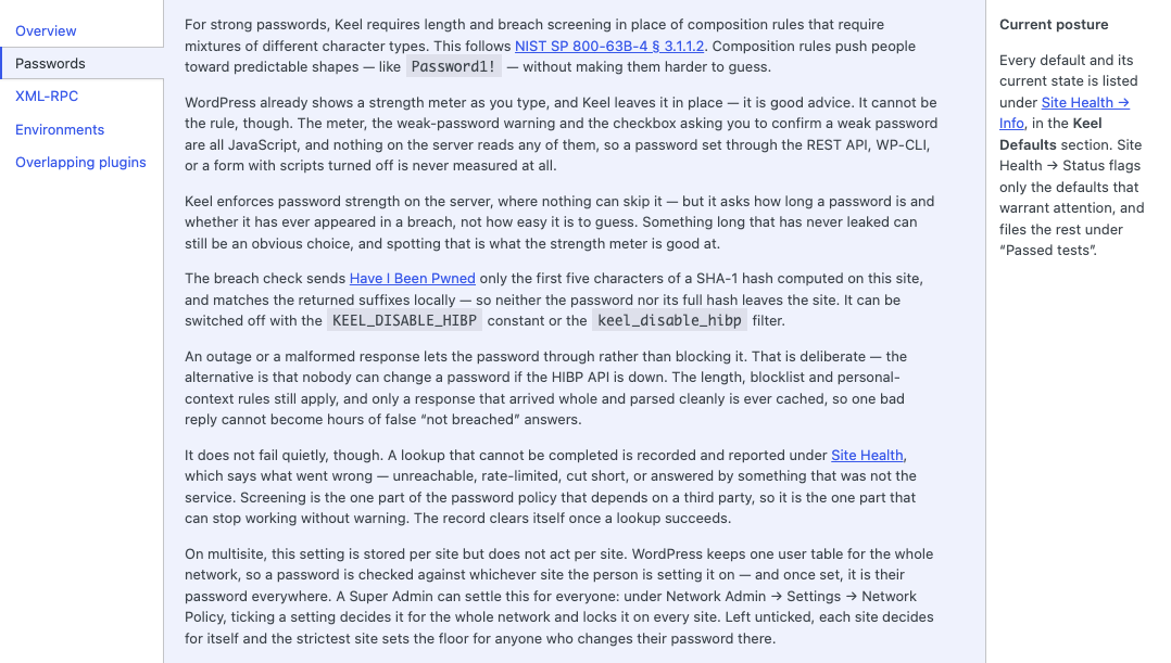 The Passwords help tab. How Keel's password rules work, and exactly what the breach check sends: five characters of a hash, never the password.