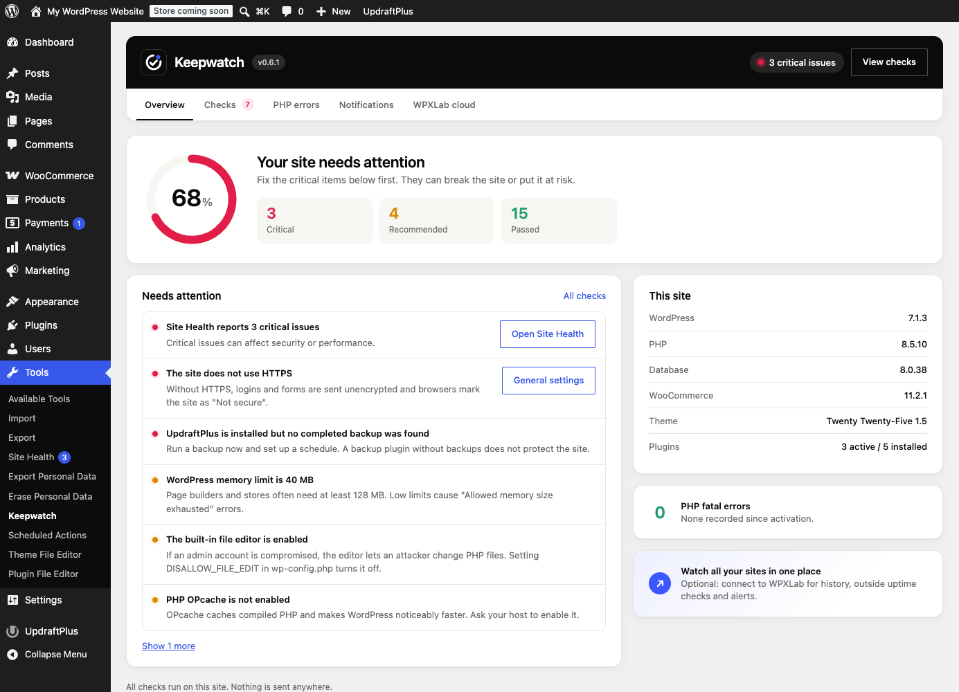 Tools → Keepwatch overview: health score, items that need attention and site facts.