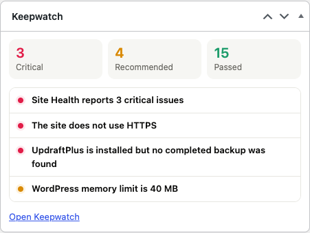 WordPress Dashboard widget showing open issues.