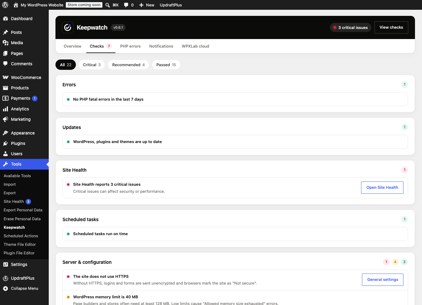 Checks tab with status filters and check groups.