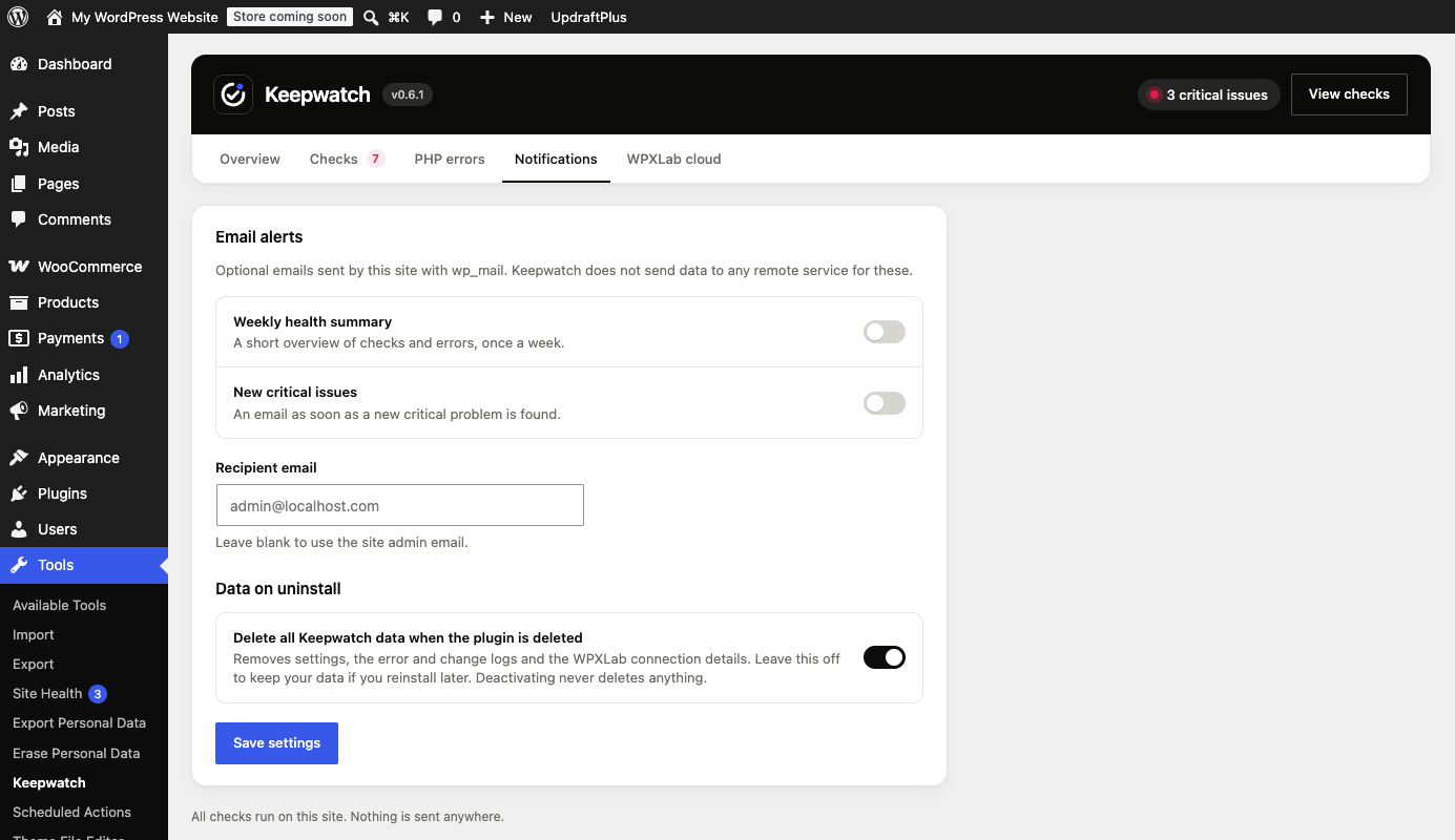 Notifications tab with email alert settings.