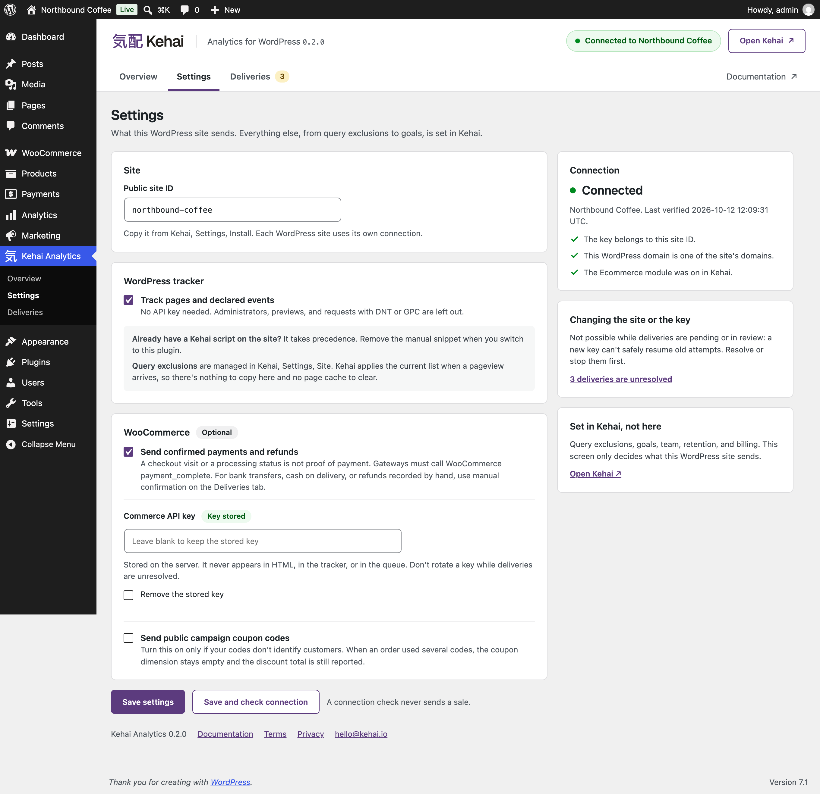 Settings: what this WordPress site sends to Kehai.