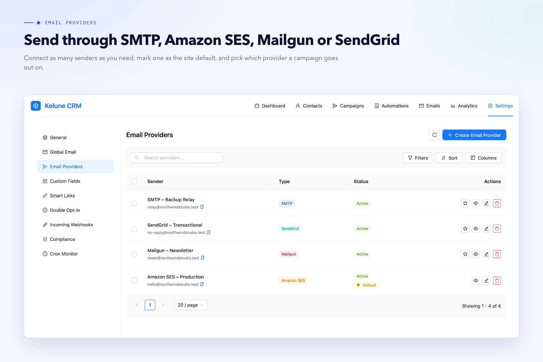Email providers — send through SMTP, Amazon SES, Mailgun or SendGrid, and pick the sender per campaign.
