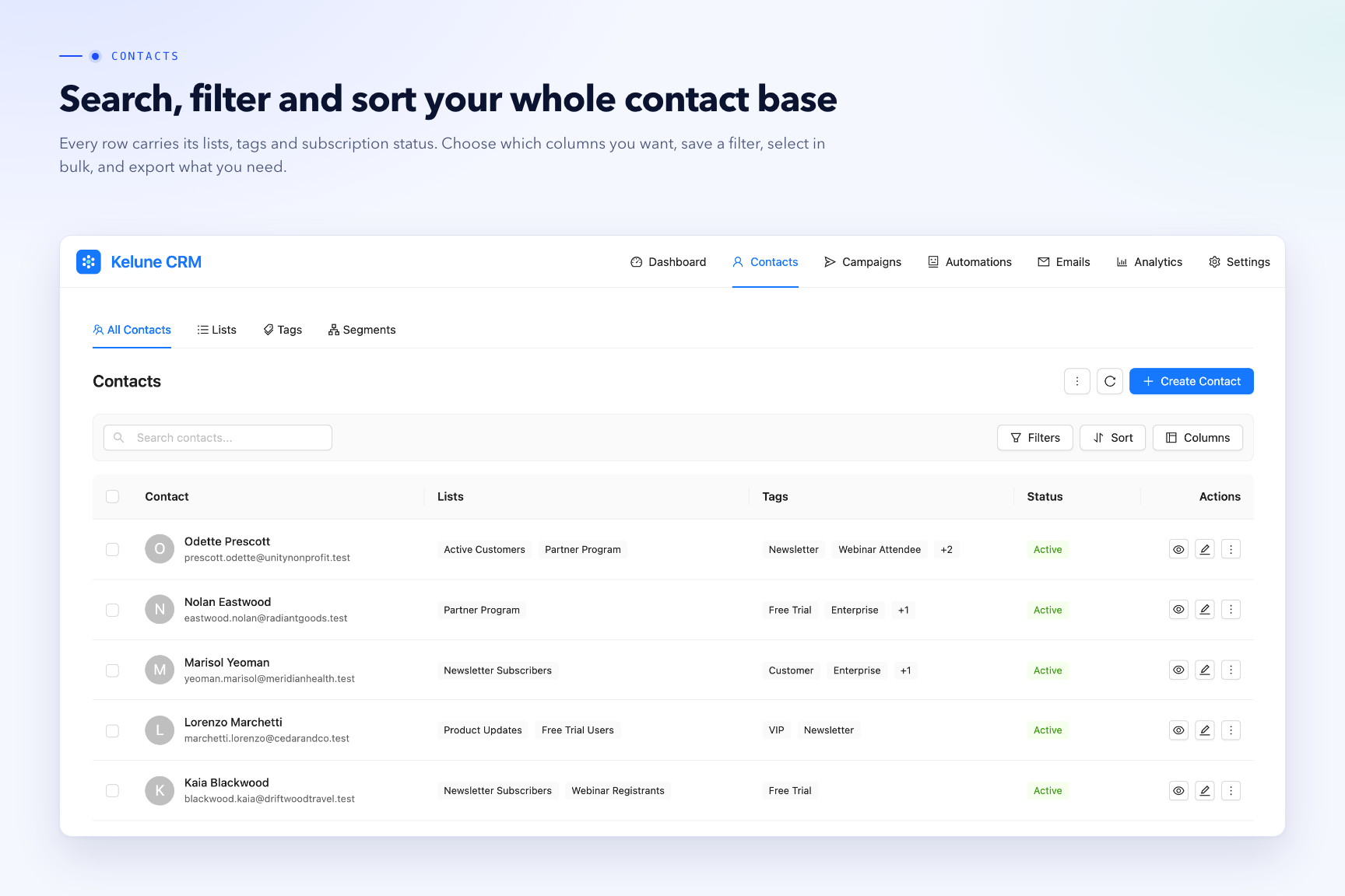 Contacts — search, filter and sort your whole contact base, with lists, tags and subscription status on every row.