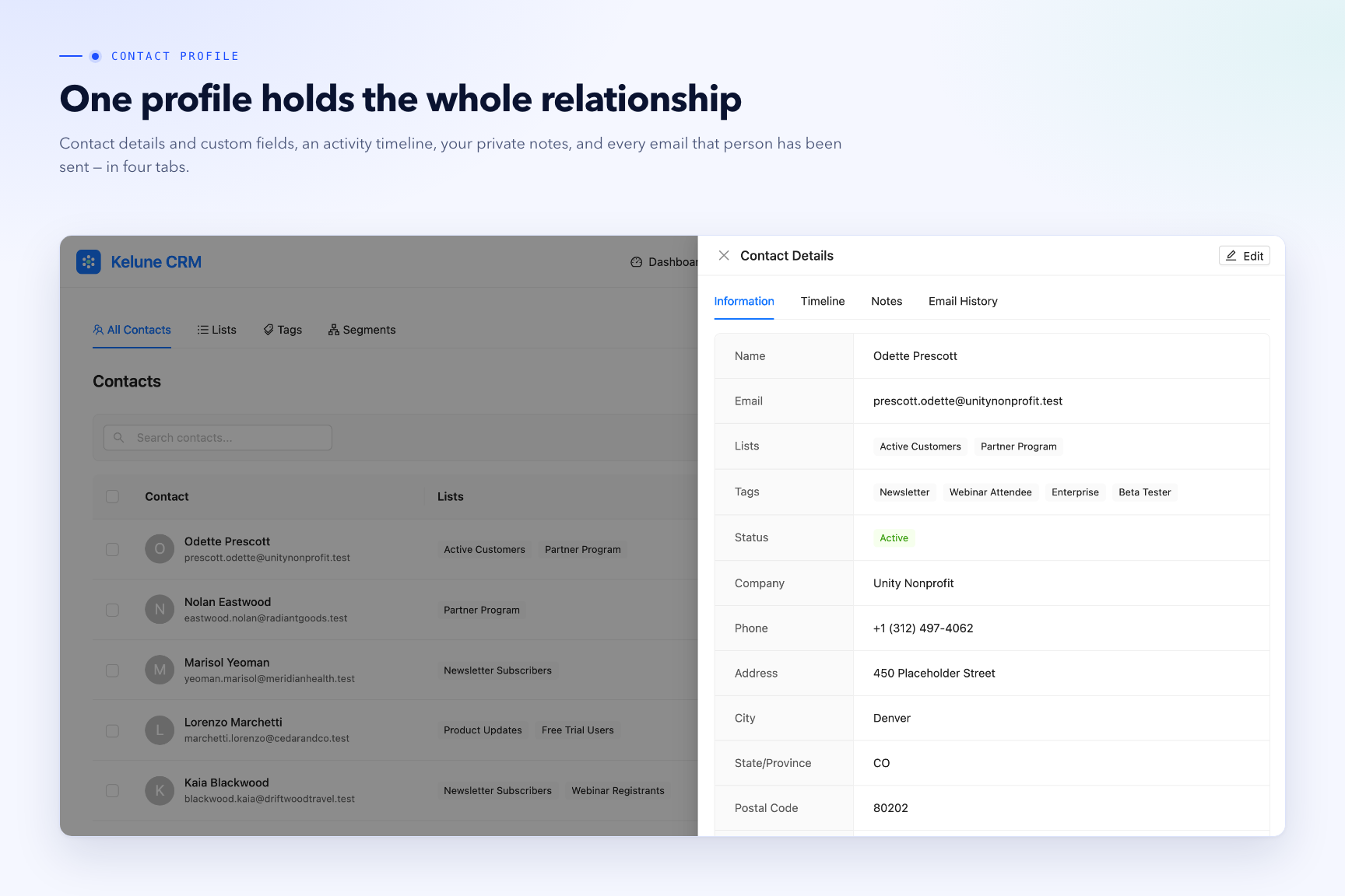 Contact profile — details and custom fields, activity timeline, private notes, and every email that contact was sent.