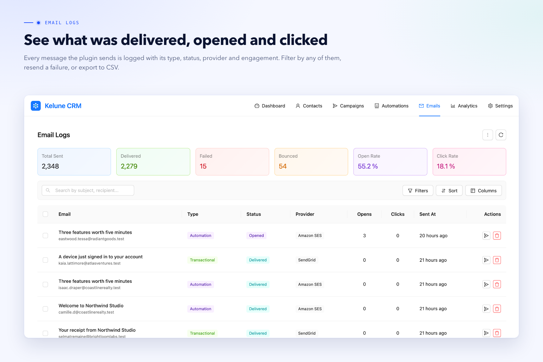 Email logs — every message logged with its type, status, provider and engagement, filterable and exportable to CSV.